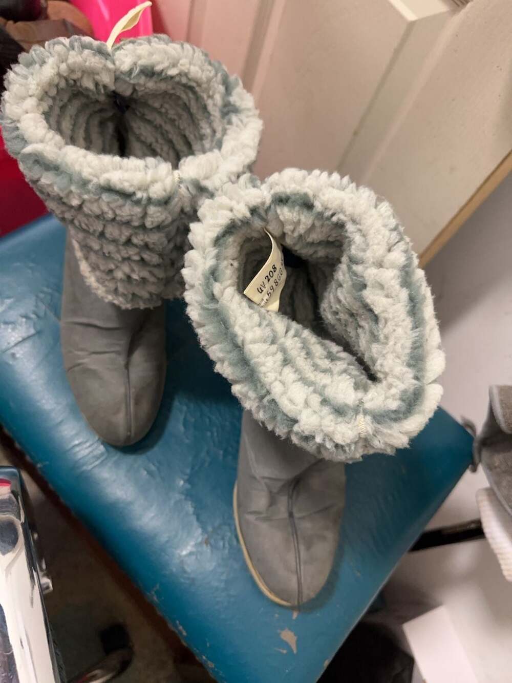 Vintage Grey Faux Leather Wedge Boots with Faux Fur Cuff Size 6M